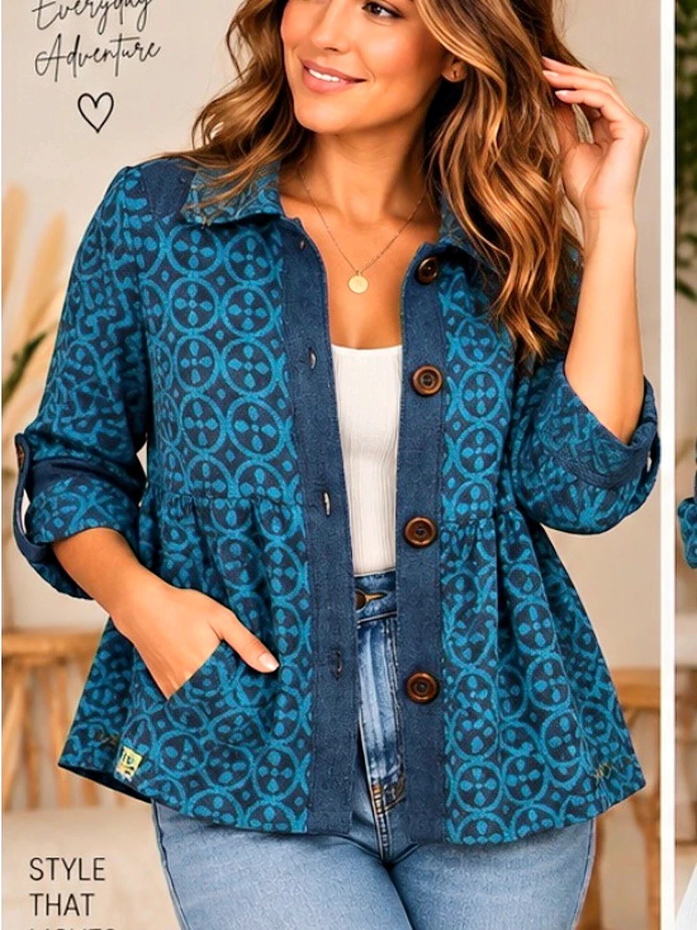 21” ptp Billabong Women's Printed Button Front Jacket in Blue Like New